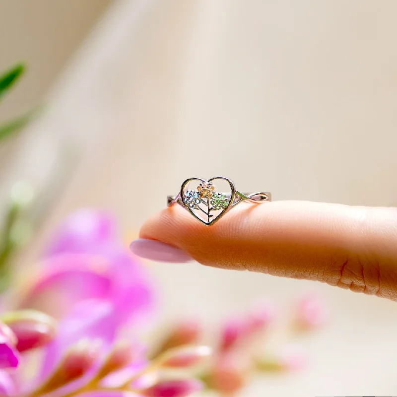 Mama's Heartbeats 1-5 Birthstones Flower Heart Ring