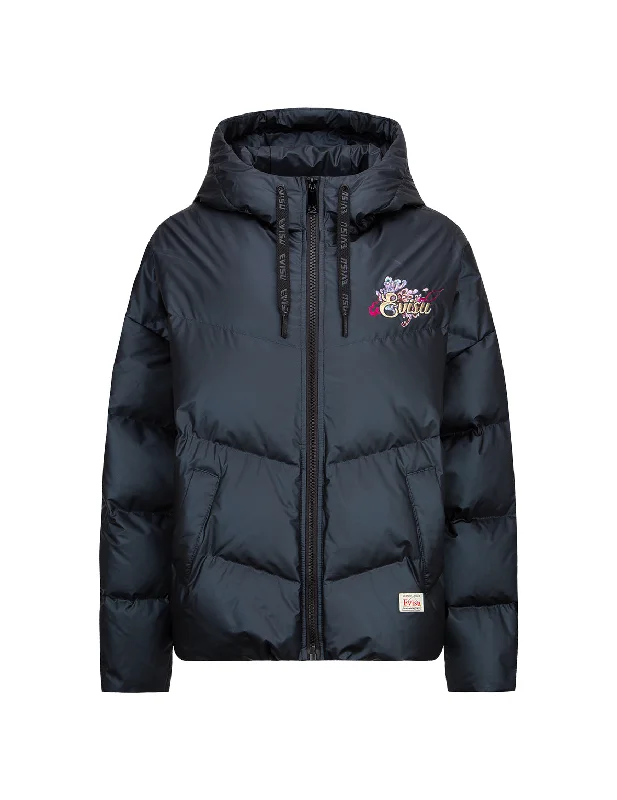 Logo and Chrysanthemum Motif Embroidered Down Jacket