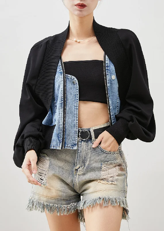 Women Black Oversized Patchwork Denim Fake Two Piece Coats Spring