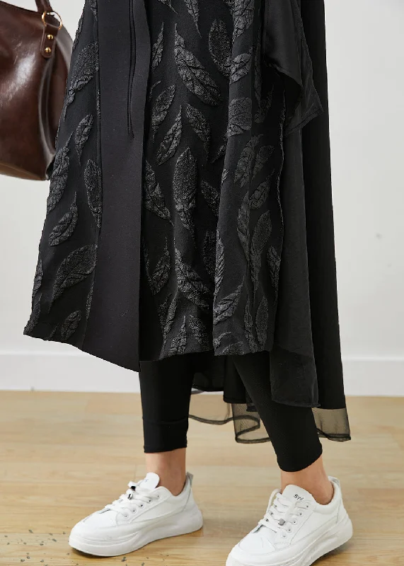 Women Black Oversized Patchwork Jacquard Cotton Trench Coats Spring