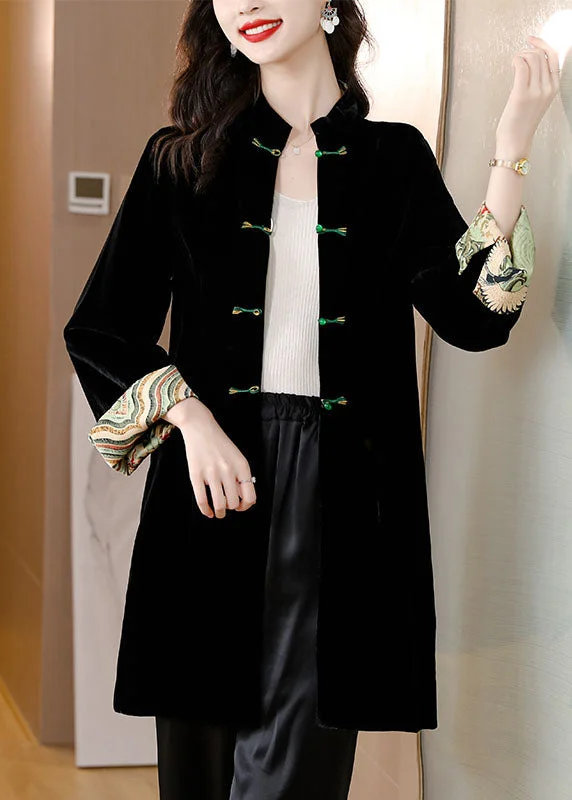 Women Black Stand Collar Patchwork Button Silk Velour Coat Bracelet Sleeve