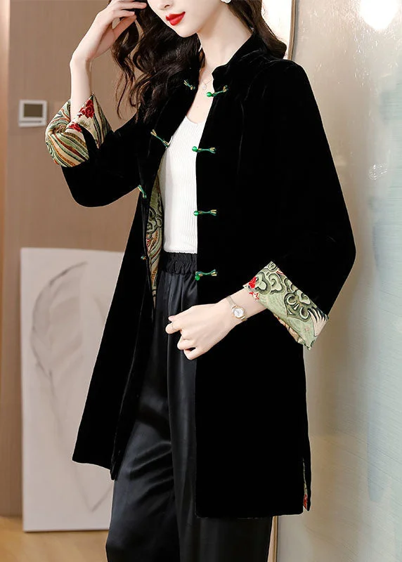 Women Black Stand Collar Patchwork Button Silk Velour Coat Bracelet Sleeve