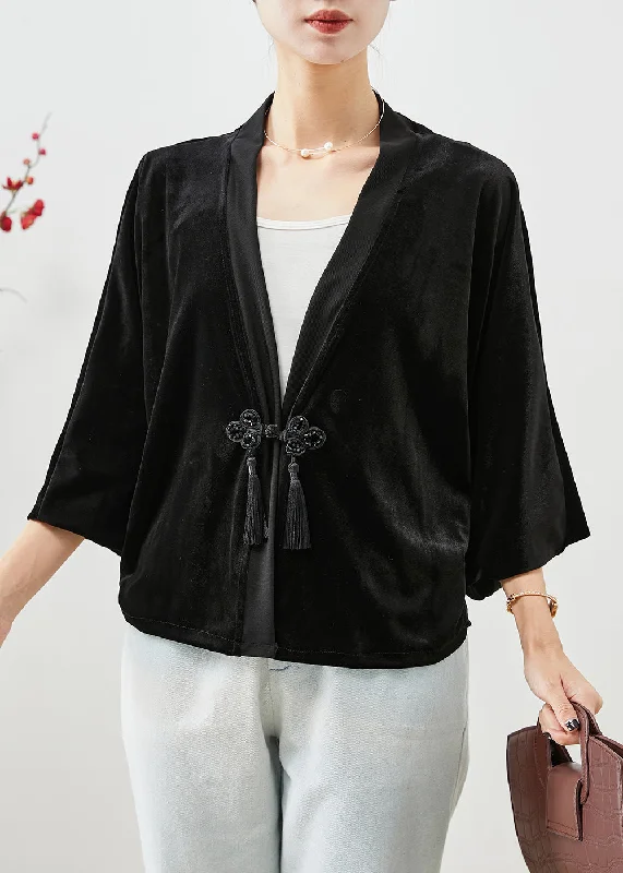 Women Black Tasseled Chinese Button Silk Velour Coats Fall