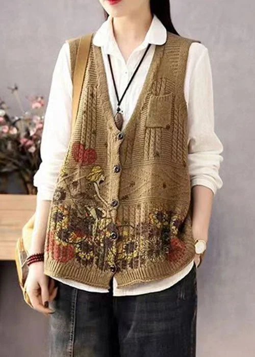 Women Brown V Neck Print Button Cotton Knit Waistcoat Sleeveless