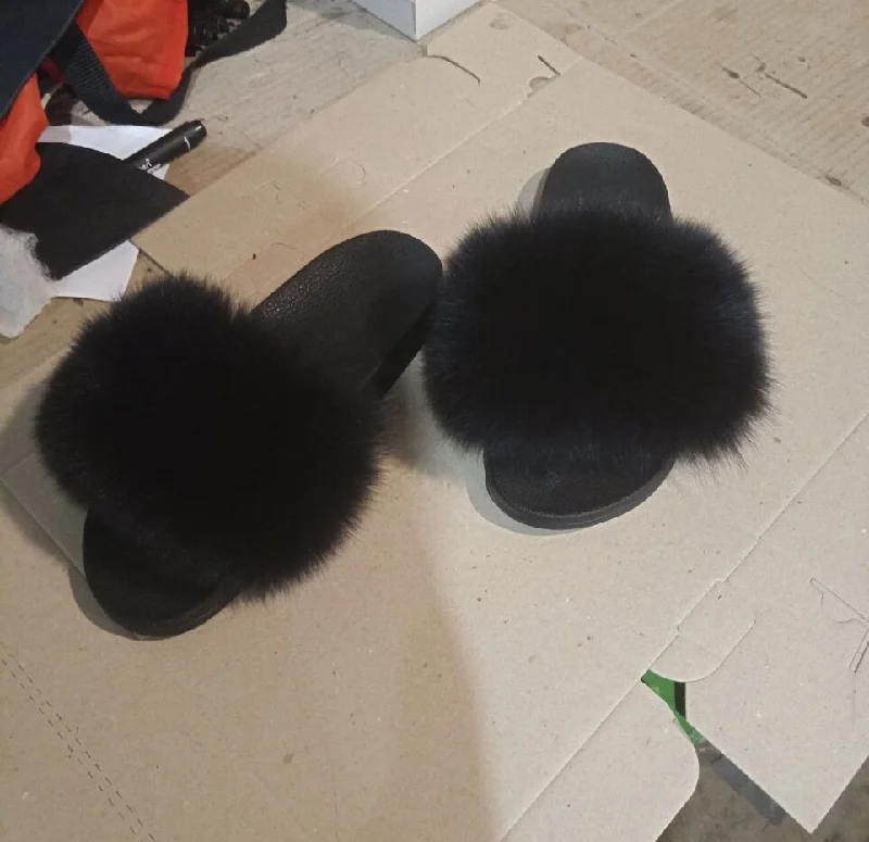 BY ORDER Black Real Fox Fur Slippers Women Girl Beach Large Finnish Fox Fur Sandals Summer Slides Fashion Fluffy Shoes Flip Flops Leather