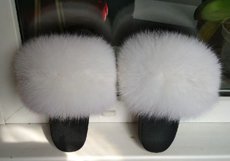 BY ORDER Off White Real Fox Fur Slides Women Girl Leather Beach Large Finnish Fox Fur Sandals Summer Slippers Fashion Fluffy Shoes Flip Flop