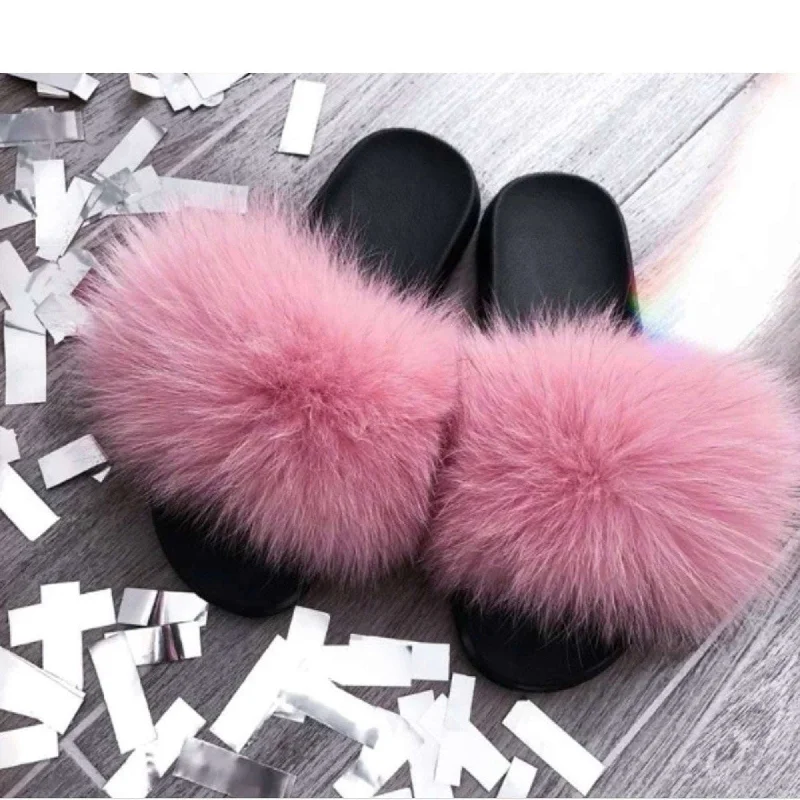 BY ORDER Real Fox Fur Slides Women Girl Genuine Leather Beach Large Finnish Fox Fur Sandals Summer Slippers Fashion Fluffy Shoes Flip Flops