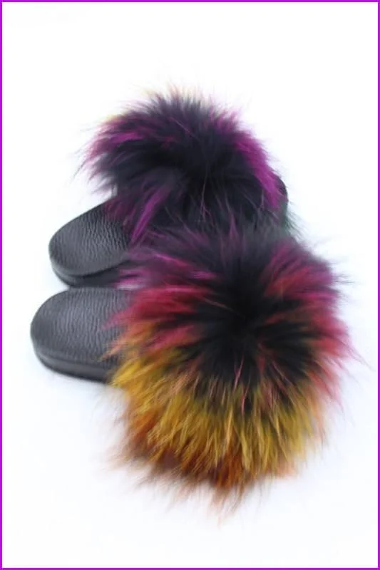 Kids Colorful Raccoon Fur Sliders F003