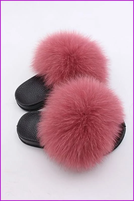 Kids Dark Pink Fox Fur Sliders F003