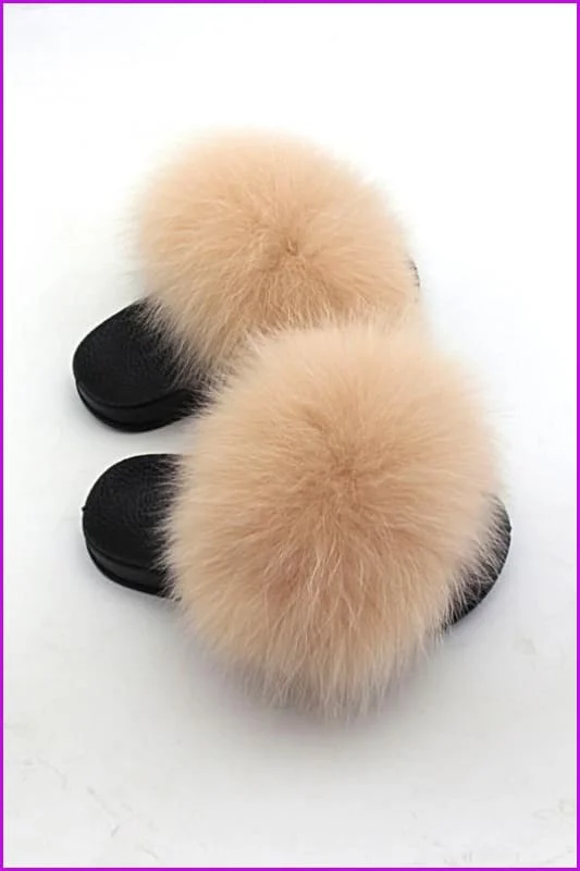 Kids Khaki Fox Fur Sliders F003