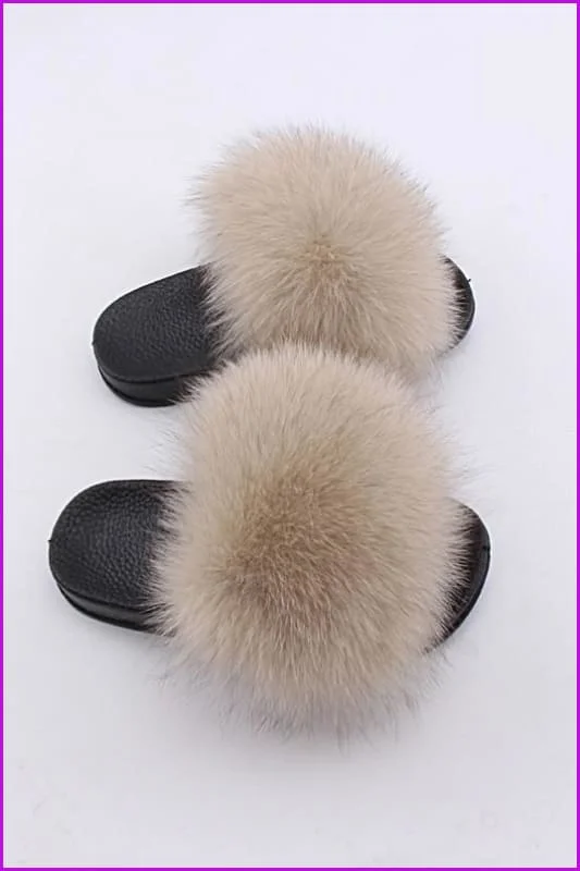 Kids Light Brown Fox Fur Sliders F003