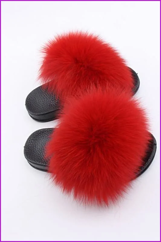 Kids Red Fox Fur Sliders F003