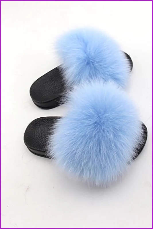 Kids Skyblue Fox Fur Sliders F003