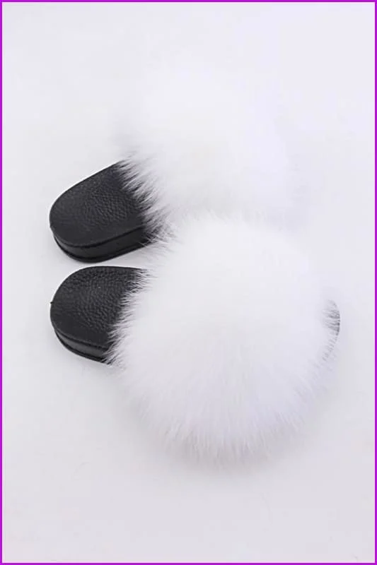 Kids White Fox Fur Sliders F003