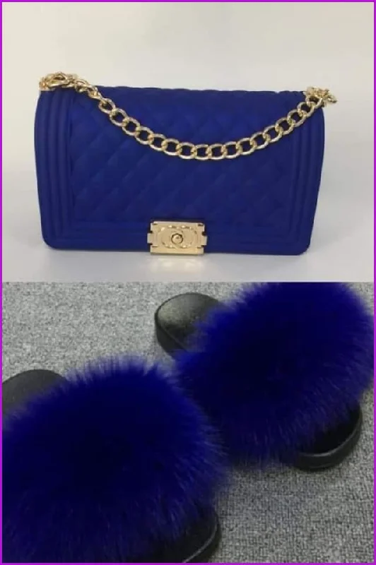 Navy Jelly Shoulder Bag And Fox Fur Slides Set