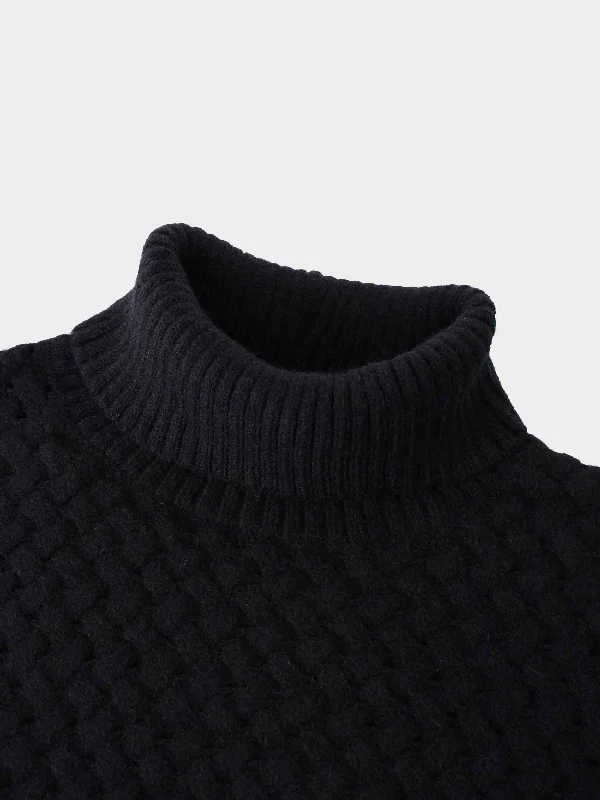 Basketweave Turtleneck Sweater-Black