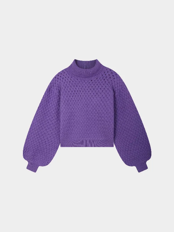 Basketweave Turtleneck Sweater-Purple